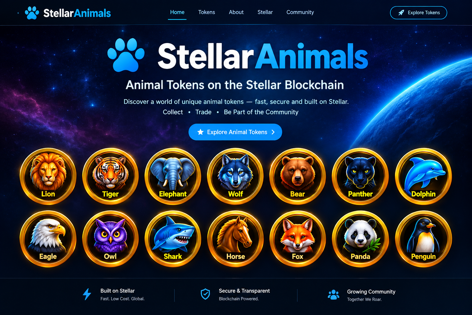 StellarAnimals — animal tokens on the Stellar blockchain, presented as glowing gold animal coins in space.